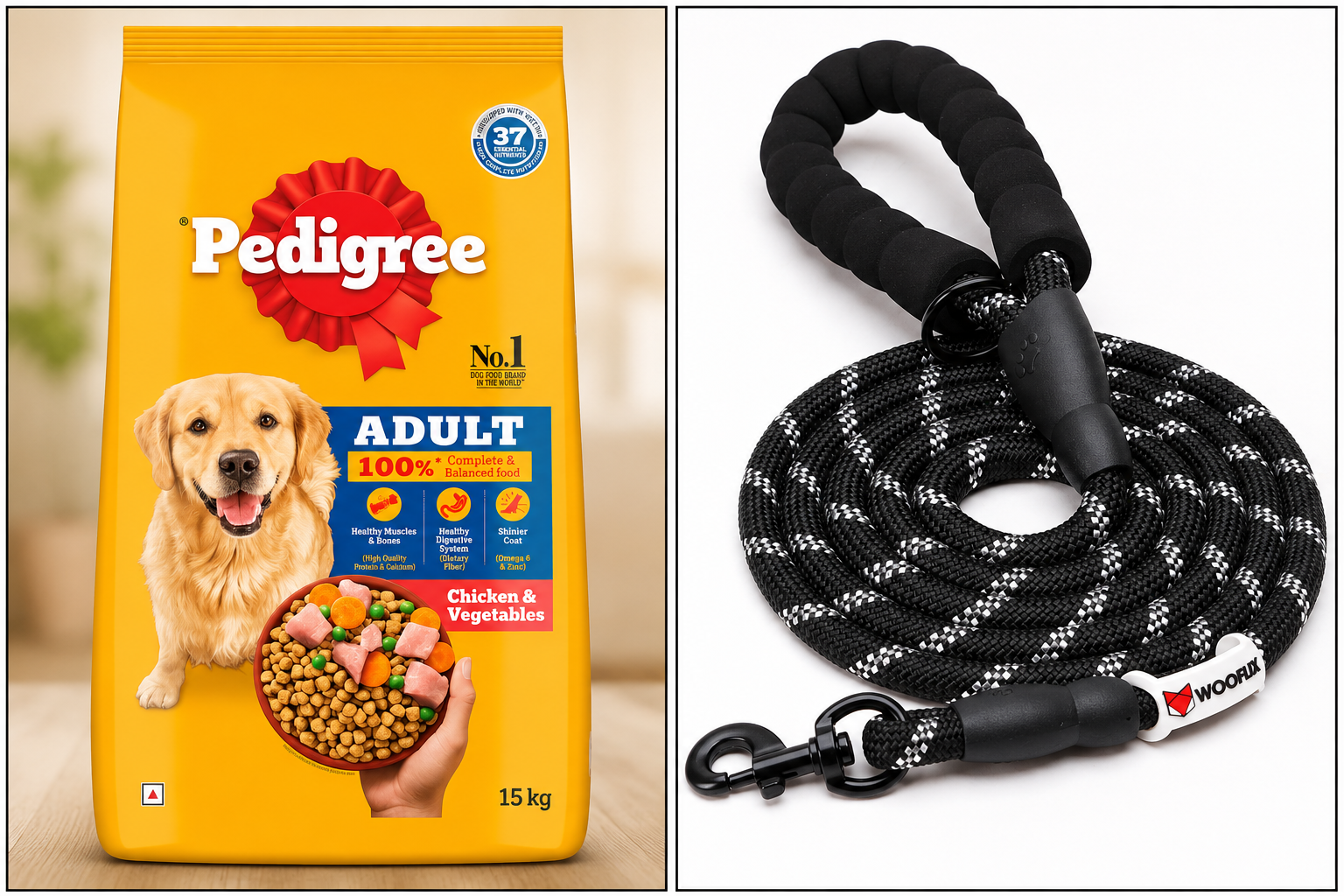 Wooflix Heavy Duty Nylon Dog Leash | Pedigree Adult Dry Dog Food, Chicken & Vegetables, 10 kg, Contains 37 Essential